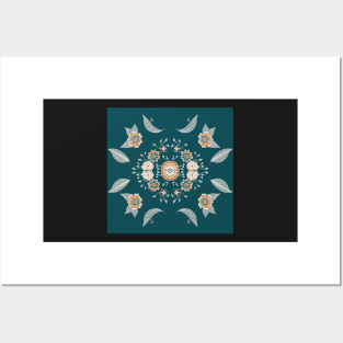 Boho Symmetrical Orange and Green Flower Design Posters and Art